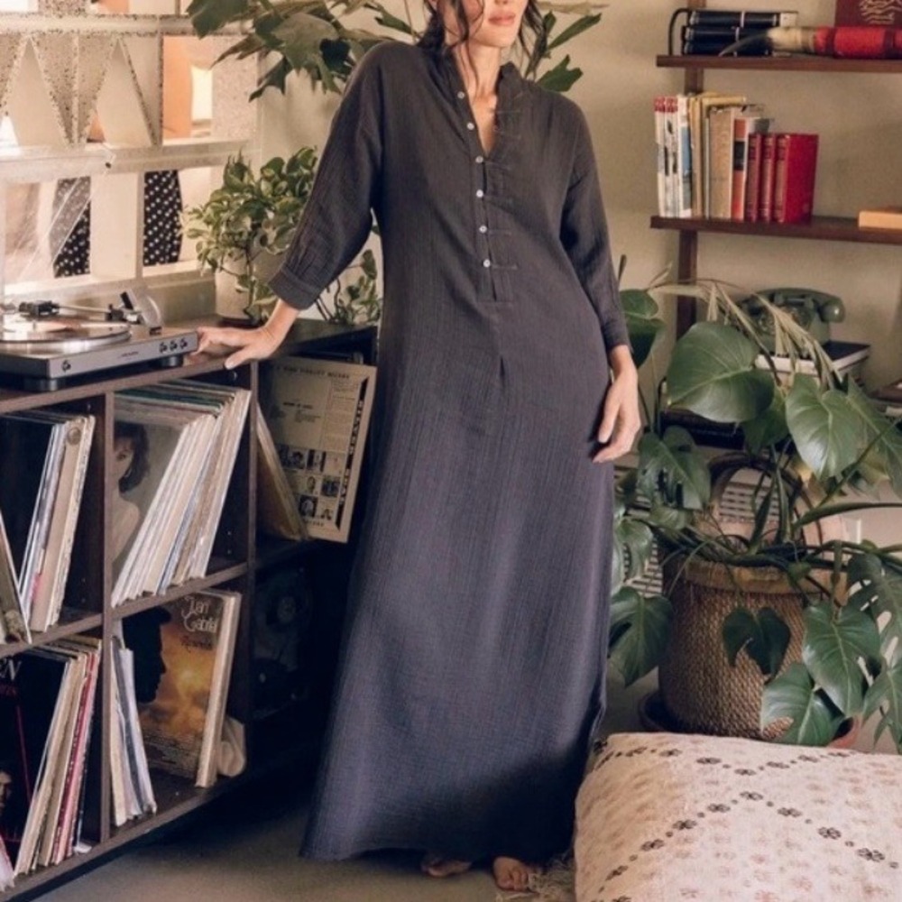 Oddbird Charcoal Gray Gauze Turkish Cotton Maxi Kaftan Dress XS Lounge Pockets